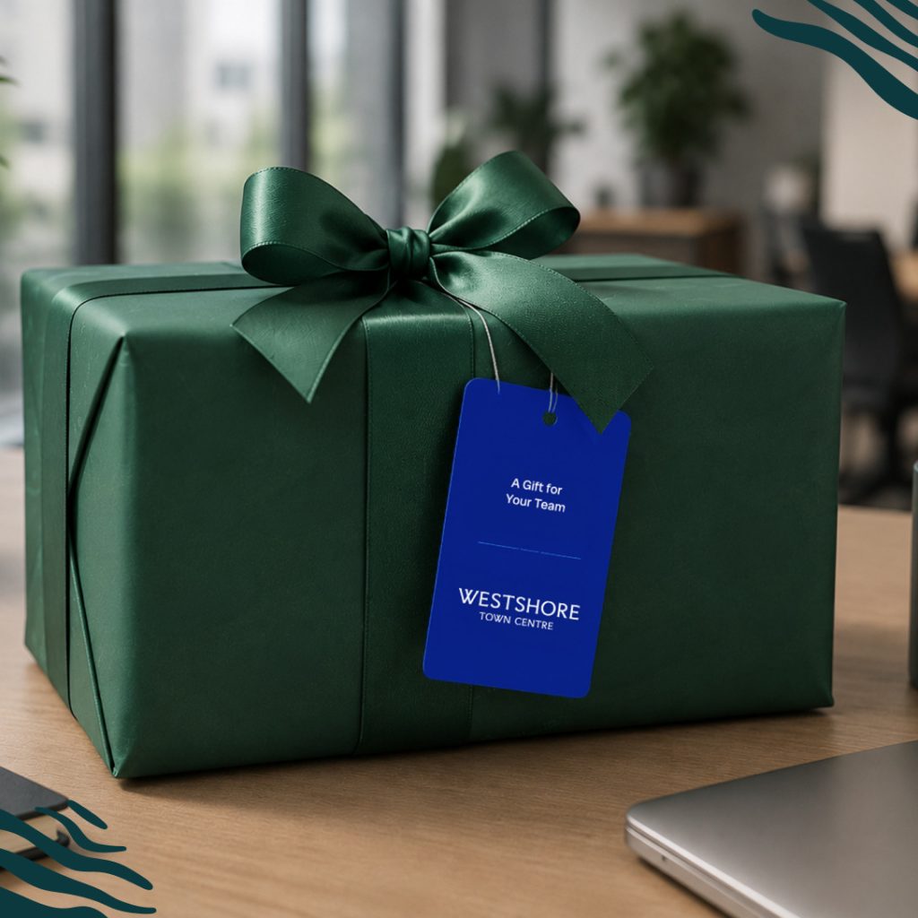 A gift wrapped parcel with a Westshore Town Centre gift tag