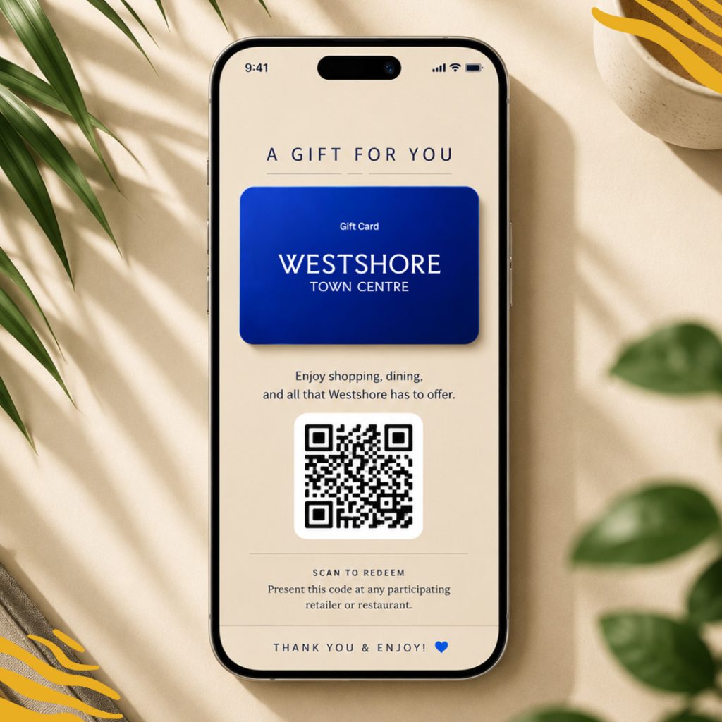 A Westshore Town Centre digital gift card open on a smartphone