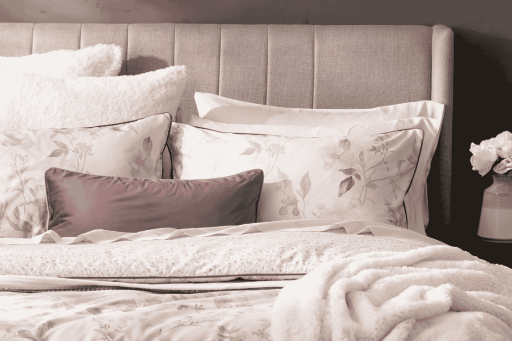 Bed made up with a floral duvet cover, matching pillow shams, a mauve cushion and a cream sherpa throw