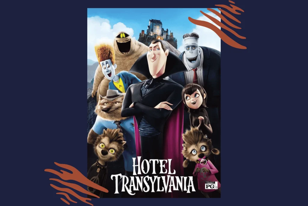 Hotel Transylvania movie poster: Dracula, Mavis and their monster friends in front of the hotel castle