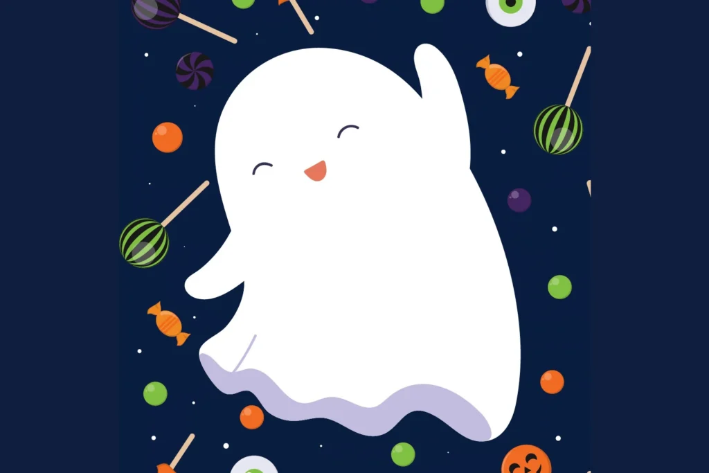 Illustration of a smiling ghost surrounded by lollipops and candy